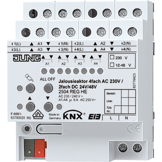 KNX актуатор жалюзи 4 группы AC 110 – 230 В, 2 группы DC 12 – 48 В, 2504 REGHE