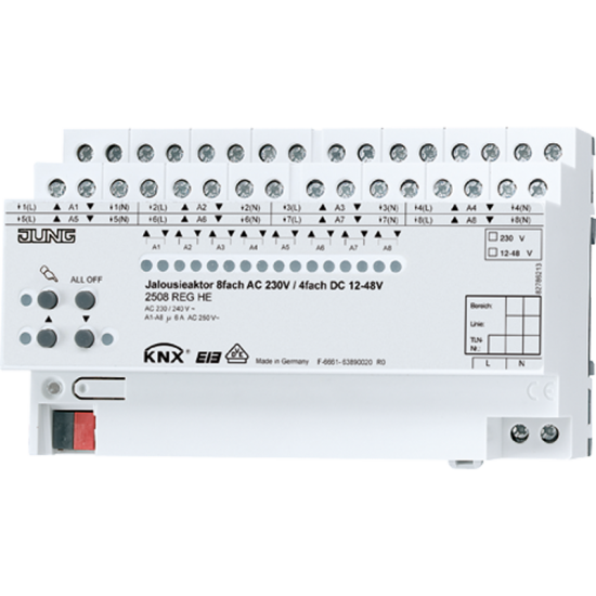 KNX актуатор жалюзи 8 групп AC 110 – 230 В, 4 группы DC 12 – 48 В, 2508 REGHE